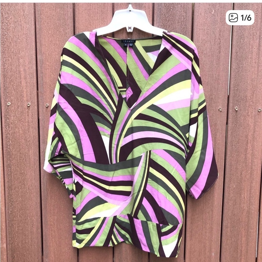 Theory Silk Abstract Colorblock Tunic in Green, Purple & Black
